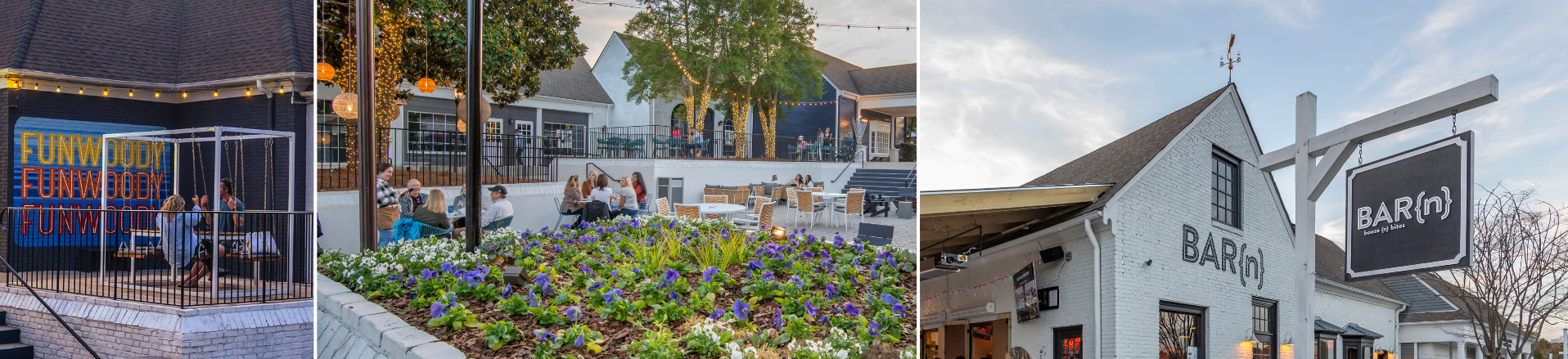 Collage of Dunwoody Village Funwoody patio swing, outdoor patio with flower garden and Bar (n) signage